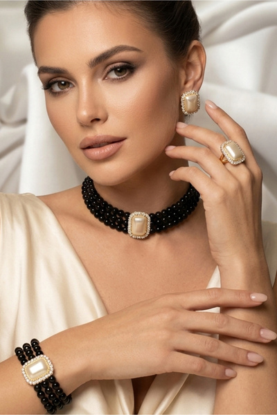 Happyline Baget Taşlı Siyah İncili Choker Set Takım, Siyah Cam İncili Kolye ,...