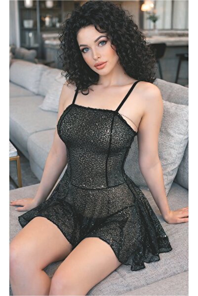 Pimody Women's Black Sequined Nightgown Set