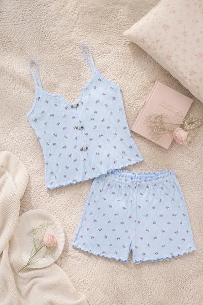 koza iç giyim Women's Floral Print Rose Bow Rope Strap Shorts Set