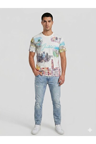 Guess Patterned Riviera Crew Neck T-Shirt M4Gi54K9Rm1