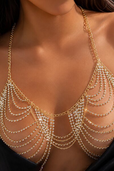 TAKIŞTIR Altın Renk Taş Detaylı Bikini Üstü /Bralet /Vücut Aksesuarı