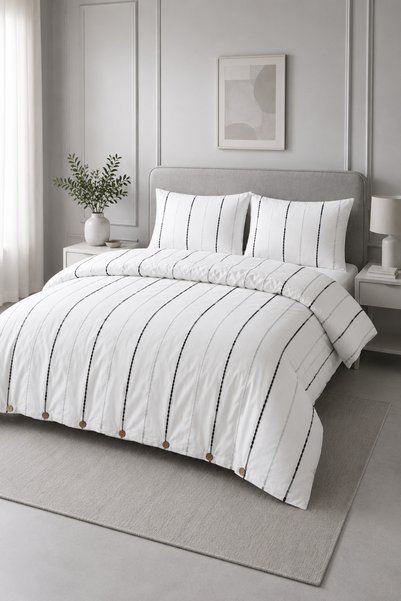 XVA Luna Double 100% Cotton Bohemian Duvet Cover Set 240X220 cm with 2 Pillowcases 50X70 cm Premium Striped Design Anthracite Gray