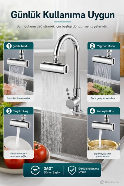 Tilbe Home 4 Modlu 360° Döner Akıllı Musluk Başlığı Şelale Fıskiye Mutfak Armatür Lavabo Batarya Çeşme Ucu