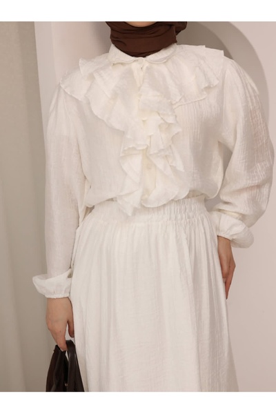 QUAWEAR Shirt with Ruffle Detail at Collar, Elastic Waist, Lined Skirt, Two-P...