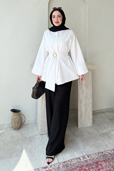 Tesettür Diyarı Dekta Cotton Fabric Brooch Belted Hijab Shirt - White Standar...