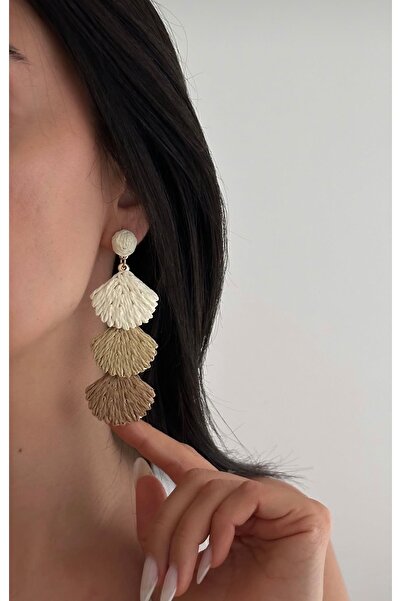 AychaAksesuar Brown Cream Beige Tones Pendant Midyeli Summer Straw Earrings S...