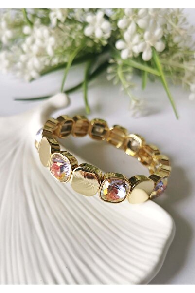 Halley Concept Peach Sparkle Crystal Stone Gold Steel Elastic Bracelet