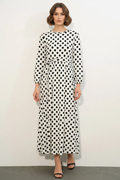 Efnaz style Women's Round Neck Belted Polka Dot Stone Dress
