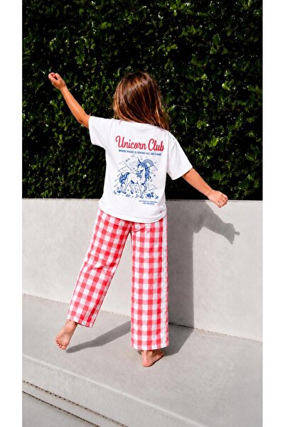 elzo collection Girl's Lace Trimmed Gingham Muslin Pants Unicorn Front and Ba...
