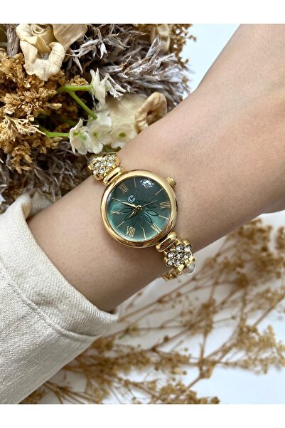 Mazzy Stoned Cord Round Gold Green Dial Women's Wristwatch