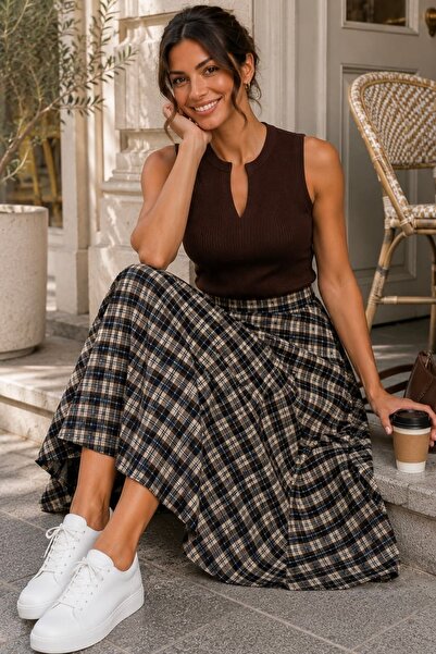 bb butik basic Καρό μοτίβο με τσέπες, φούστα μίντι με ψηλή μέση, καθημερινή κ...