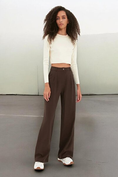 Livik Mrv Acı Kahve High Waist Pleated Fabric Trousers