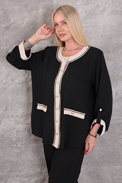 KİFAYET Plus Size (50-56) Chanel Button Detail Crew Neck Long Sleeve Women's ...