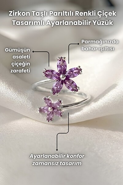 Elifsu Jewelry Zircon Stone Sparkling Colorful Flower Design Adjustable Ring