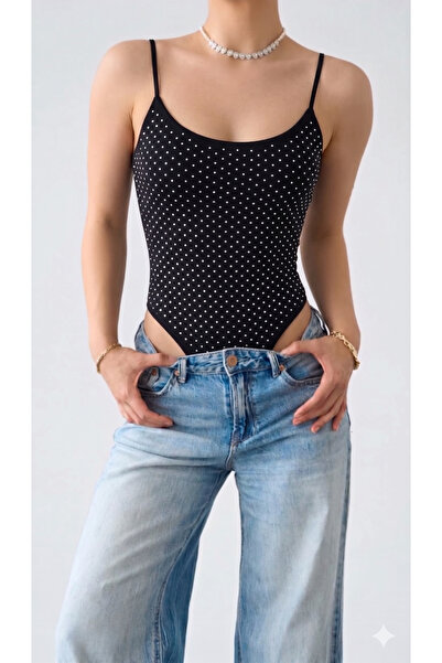 Sibel Günay Butik Black Stone Detailed Lycra Women's Bodysuit |   Adjustable ...