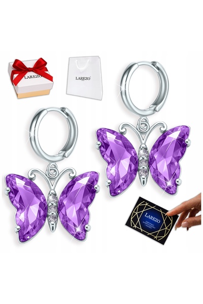 Larezo Cercei Din Argint 925 Cu Fluturi Mari Violet Si Aripi Stralucitoare, I...