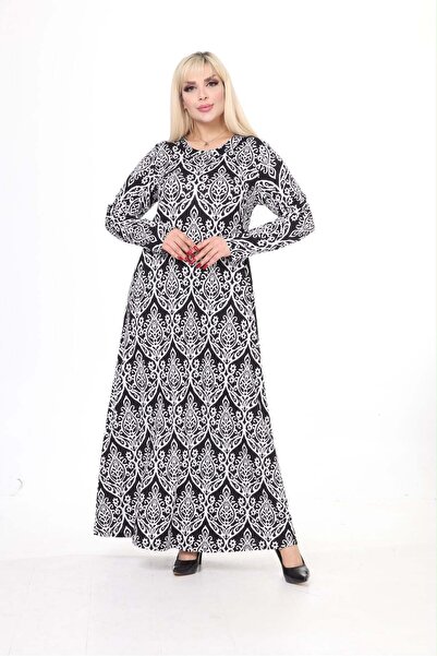 kısmet sepeti Women's Plus Size Black and White Motif Patterned Viscose Combe...