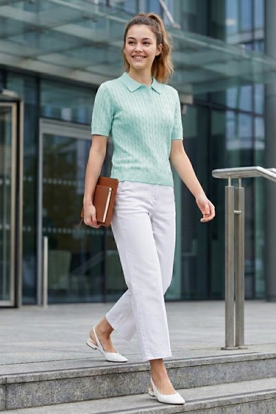 Abruzzo Water Green Polo Collar Short Sleeve Knitted Patterned Buttoned Summer Knitwear T-Shirt