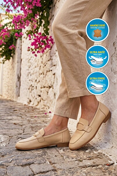 AYAKMOD Beige Genuine Leather Women's Casual Shoes 2082 Z