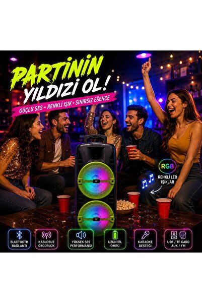 KBROAD KTS-174S Bluetooth Party Speaker 8 İnç x 2 Hoparlörlü RGB LED Işıklı M...