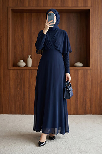 MODAQU Long Cape Detailed Chiffon Evening Dress - Navy Blue