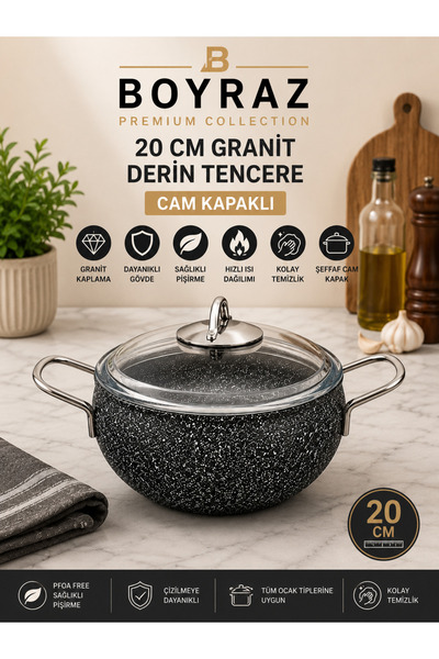 BOYRAZ 20 cm Granit Derin Tencere Cam Kapaklı Yapışmaz İç Yüzeyli Şık Tasarım