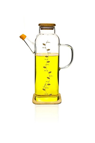 Comprox Glass Oil Pot 1000 ml with Bamboo Lid and Bamboo Base, with Scale, fo...