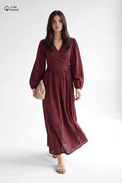 Hooopstore Kimono Closure Long Muslin Burgundy Dress