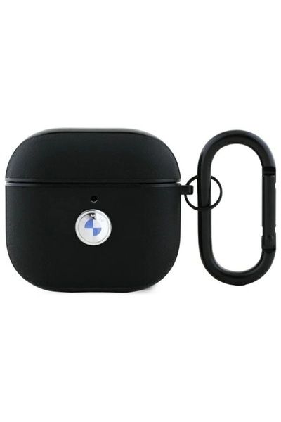 BMW Husă din piele naturală cu logo argintiu pentru AirPods 4 Negru