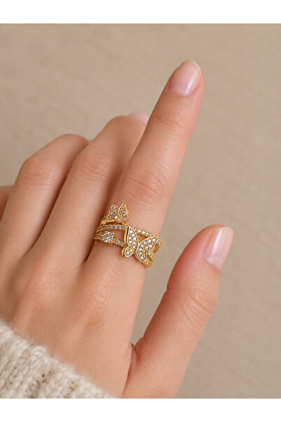 mosmoda Çelik Gold Taşlı Kelebekler Yüzük, Ayarlanabilir