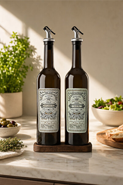 KHAKMA 750 ml Set of 2 Glass Oil Dispensers with Wooden Stands – Leak-Proof, ...