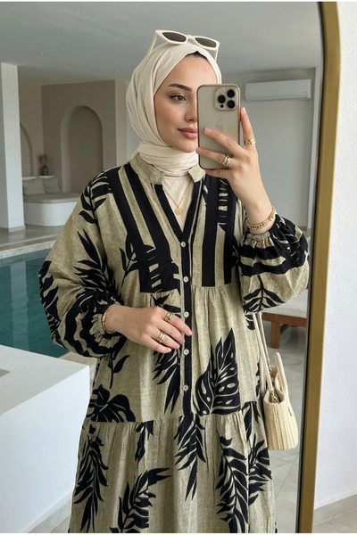 Kirazca Butik Women's Bohemian Patterned Layered Long Sleeve Hijab Dress