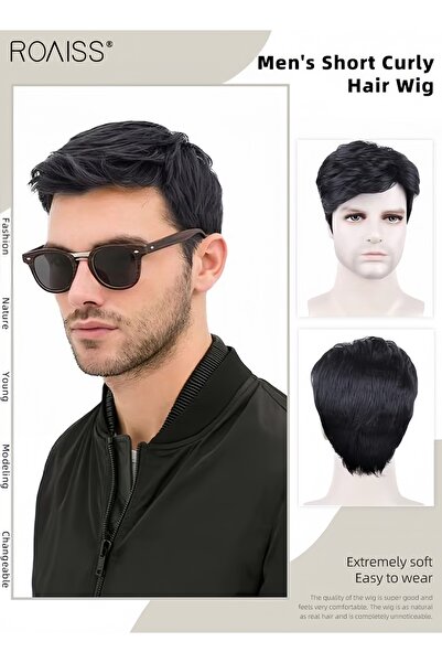 ROAISS Men's Short Curly Hair Wig, Synthetic Natural Heat Resistant Fiber Bre...