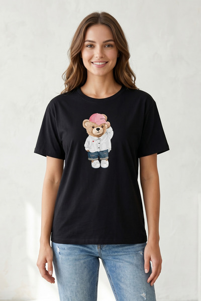 DK DAKSEL Culoare neagră Urban Pink Cap Teddy Bear Tricou de damă cu imprimeu...