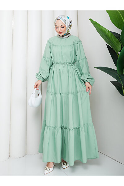 EFSUN MODA فستان من قماش البولي بونيه مع طبقات متعددة من الكشكشة المزينة بالخيوط