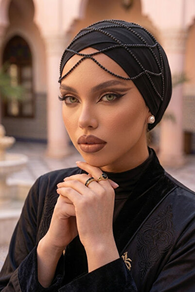 Mystique Feminine Siyah Kristal Taşlı Zincirli Alınlık Gelin Tacı Beyaz İncil...