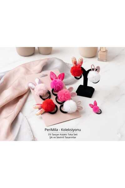 PeriMila Kız Çocuk Peluş Ponponlu Tavşan Kulaklı 5'li Lastik Toka Seti Saç To...