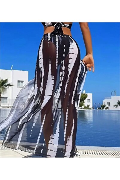 DeChival Kadın 3'lü Beyaz Desenli Pareo Takımı – Tül Boydan Pareo + Üst Bikini + Alt Bikini