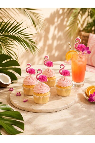 Parti Adresi Tropikal Flamingo Parti Kürdanı – Parti Cupcake ve İçecek Süsü 6'lı