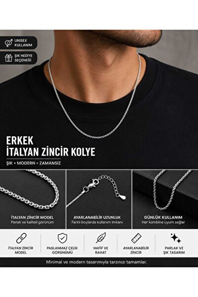 VitaMood Yaşam Men's Italian Chain Necklace – Silver Color