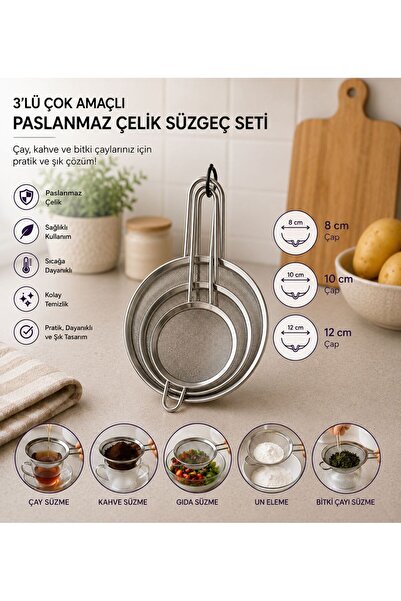 MİKRA 3'lü Paslanmaz Çelik Un Eleği Ve Çok Amaçlı Mutfak Süzgeç Seti - İnce E...