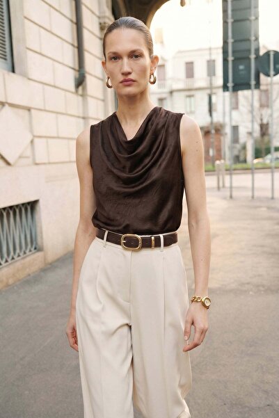 Sateen Degaje Yaka Saten Bluz - Kahve
