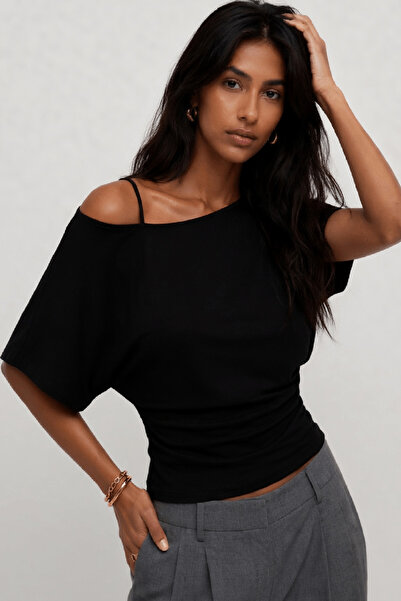 Cockatoo Women's White Asymmetrical Boat Neck Bat Sleeve Fitted Waist Cotton ...