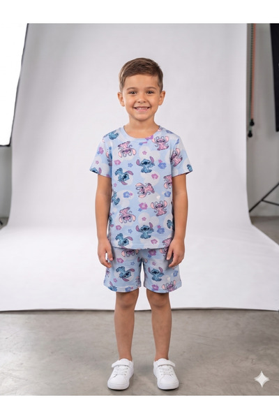 Huw Boys and Girls Stitch Character Printed Blue T-Shirt Shorts Set