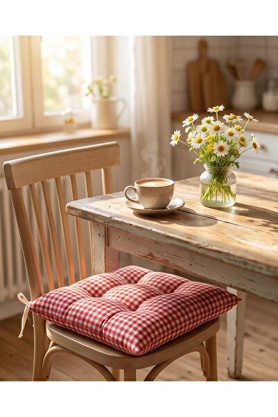 Auriva HOME 2'Lİ Pofidik Kırmızı Pötikare Sandalye Minderi 40x40 Bağcıklı
