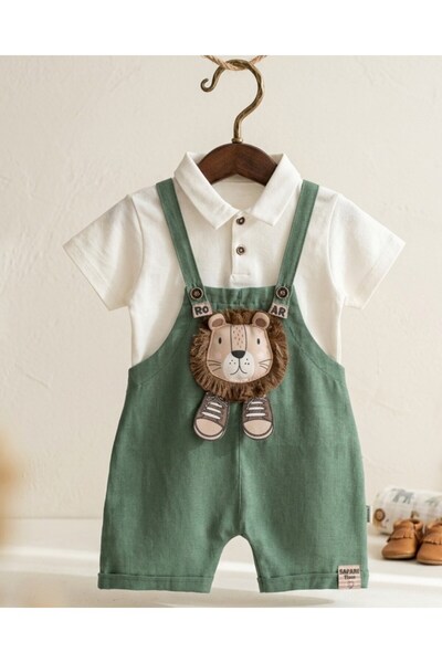 Egelite Erkek Bebek Yazlık Aslan Detaylı Keten Salopet ve Yakalı T-shirtlü 2'...