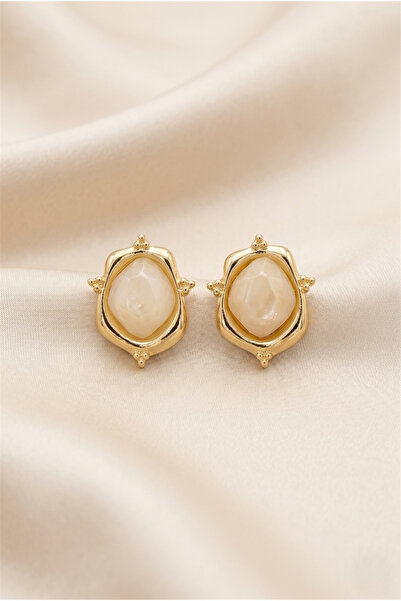 Pelin Aksesuar Ecru Facet Cut Stone Gold Color Framed Vintage Stud Earrings