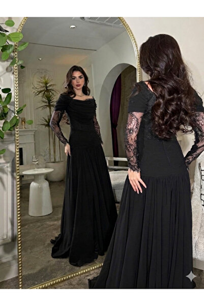 REVE Elegant Long Black Dress with Lace Sleeves and Off-The-Shoulder Design