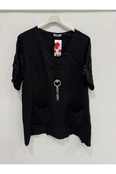 della moor Women's Black Italian Foldable Short Sleeve Oversize Linen Tunic S...
