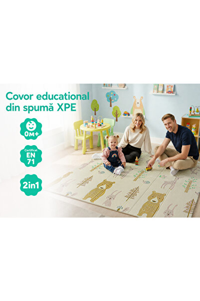 LUDIRO Covor educativ pliabil din spumă XPE, 200x180 cm, 2 fețe, Animale și B...